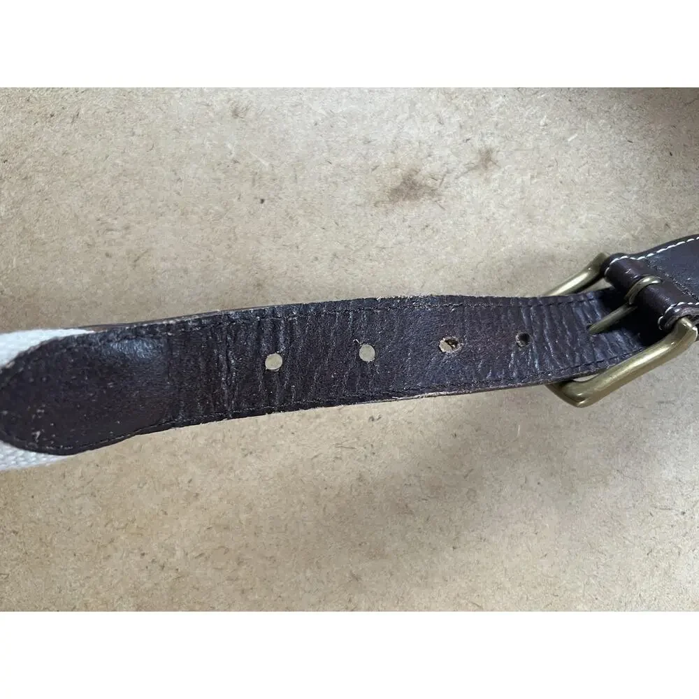 Vineyard Vines Mens Woven Belt 38 White Cotton Leather Striped Logo Buckle